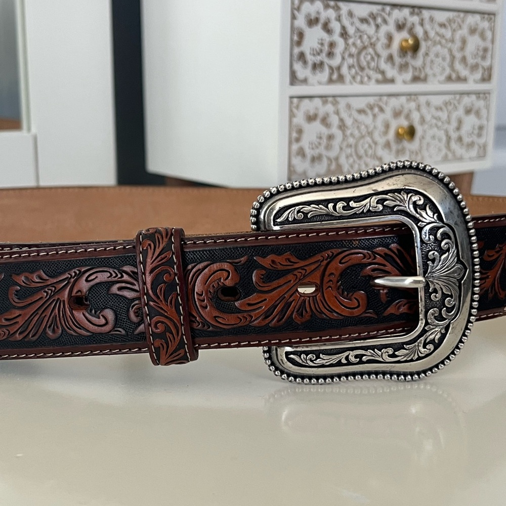 Tony Lama Brown Leather Belt with Silver Buckle